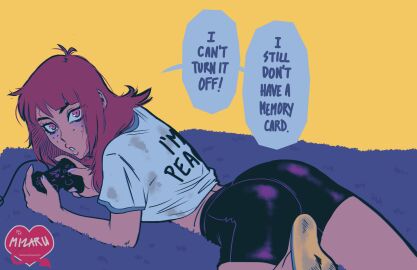 2024 ass bangs brown_hair bubble_ass bubble_butt buckteeth cup_noodles dirty_clothing dirty_socks english_text fanart female freckles freckles_on_face kara_eklund_(hitsujigoods) medium_hair messy messy_hair mizaru neet neet_girl on_stomach plump_ass plump_lips pretty slim slim_waist stained_clothes text tight_pants word_balloon