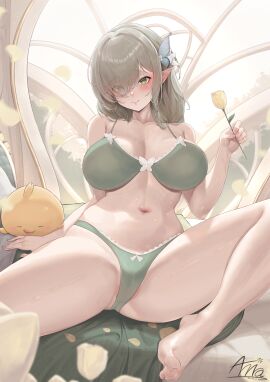 azur_lane bare_shoulders barefoot blush bra breasts cameltoe cg closed_mouth collarbone de_zeven_provincien_(azur_lane) de_zeven_provincien_(snuggling_for_warmth)_(azur_lane) elf eyes_visible_through_hair feet female flower foot_out_of_frame green_bra green_eyes green_panties grey_hair hair_ornament hair_over_one_eye holding holding_flower knee_up large_breasts legs long_hair looking_at_viewer navel panties petals pointy_ears signature sitting smile solo spread_legs stomach thighs toenails toes underwear underwear_only yellow_flower