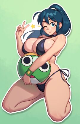 1girls 2d 2d_(artwork) aki_hinata ball_(object) bikini blonde_hair choker clothing cute_pose ear_piercing ear_ring earrings female female_only for_sticker_use hinata_aki keroro_gunsou light-skinned_female light_skin long_hair nails necklace one_eye_closed peace_sign pink_eyes pinup pose rizdraws sgt._frog solo solo_female sticker_template swimsuit tagme_(character) v v_sign