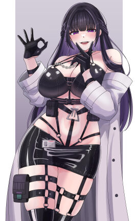 1girls artist_request bangs bare_shoulders black_hair blush breasts chains cleavage eyebrows_visible_through_hair female female_only fingers_on_face fully_clothed gloves goddess_of_victory:_nikke hair_intakes highres huge_breasts id_card jacket jacket_off_shoulders jpeg latex_bra latex_clothing latex_gloves latex_thighhighs light-skinned_female light_skin long_hair looking_at_viewer mihara_(nikke) miniskirt navel ok_sign open_mouth purple_eyes revealing_clothes shiny_clothes skindentation smile thighhighs thighs thighs_together two-tone_hair