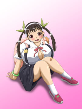 1girls :3 :d alternate_breast_size arm_support bagpack bakemonogatari bandaid bandaid_on_knee bandaid_on_leg bangs black_hair blush breasts breasts_bigger_than_head brown_eyes bursting_breasts button_gap buttons clothed collared_shirt commentary_request female female_only footwear full_body gradient_background grey_skirt hachikuji_mayoi hairband huge_breasts human jpeg legs long_hair looking_at_viewer medium_bangs medium_skirt monochrome_background monogatari_(series) oerba_yun_fang open_mouth open_shirt pink_background pink_footwear pink_shoes plaster plaster_on_knee plaster_on_leg school_uniform shingo1120 shirt shoes short_sleeves sitting skirt smile solo star star_(symbol) teenage_female teenager thighs twintails undersized_clothes white_hairband white_shirt white_socks