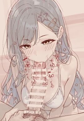 1girls artist_request blush cum cum_in_mouth drooling erection female oral_sex project_sekai shiraishi_an