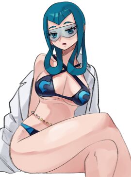 bikini blue_eyes blue_hair game_freak glasses half-closed_eyes labcoat lipstick mable_(pokemon) mable_(pokemon_legends:_z-a) momiji_(pokemon) momiji_(pokemon_legends:_z-a) nintendo pokemon pokemon_legends:_z-a seductive solo tagme team_flare tinted_eyewear wanderjegson white_background