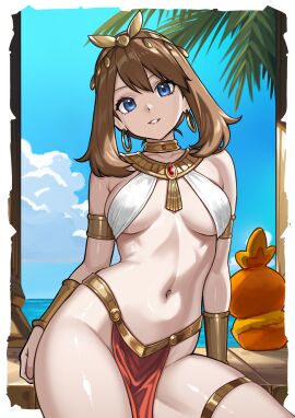 bare_belly belly_button blue_eyes breasts brown-haired_female brown_hair egyptian_clothes female jewelry loincloth looking_at_viewer may_(pokemon) palm_tree pelvic_curtain pokemon redjet wide_hips