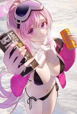 big_breasts bikini blue_archive breasts eimi_(blue_archive) eimi_(swimsuit)_(blue_archive) female goggles_on_head highres huge_breasts looking_at_viewer millennium_science_school_student offering_drink pink_hair puffer_jacket scarf ski_goggles snow swimsuit video_game_character wakari