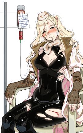 a-91_(girls'_frontline) aa2mee absurdres alcohol blonde_hair bodysuit breasts chair cleavage cleavage_cutout clothing_cutout coat commission commissioner_upload dropper drunk drunk_female female girls'_frontline hat highres intravenous_drip mole mole_under_eye open_clothes open_coat russian_text scarf scratches sitting smile sweat torn_bodysuit torn_clothes translated vodka white_background