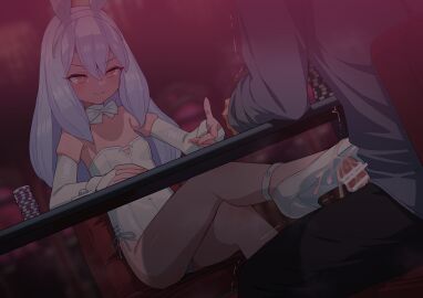 1boy animal_ears bar_censor bare_legs bare_shoulders blue_hair blurry blurry_background bow bowtie breasts bridal_gauntlets casino censored chair closed_mouth commentary_request covered_navel crossed_legs cum cum_on_clothes detached_collar detached_sleeves dutch_angle elbow_gloves erection fake_animal_ears female fingerless_gloves footjob footjob_under_table gloves hair_between_eyes hairband high_heels highleg highleg_leotard highres indoors leotard long_hair long_sleeves looking_at_another male navel original paid_reward_available penis penis_out pink_eyes playboy_bunny pointing poker_chip rabbit_ears robo_mikan shirt shoejob shoes side-tie_leotard sitting small_breasts smile solo_focus straight strapless strapless_leotard table thighs translation_request under_table_footjob under_the_table variant_set white_bow white_bowtie white_footwear white_gloves white_hairband white_leotard wrist_cuffs