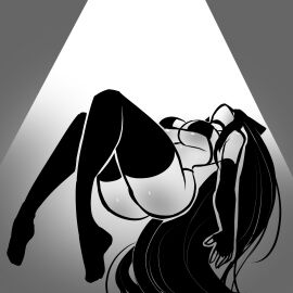 arm_sleeves ascending black_hair catte_(tekona) dat_ass fingerless_sleeves floating flying gradient_background hair limp looking_up looking_upward meme plump plump_ass simple_background spotlight spotlight_beam tagme tekona thigh_highs thighhighs