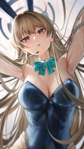 1girls absurd_res absurdres adult adult_female armpits bare_armpits bare_arms bare_chest bare_hands bare_shoulders bare_skin blonde-haired_female blonde_female blonde_hair blue-eyed_female blue_archive blue_bowtie blue_bunny_ears blue_bunnysuit blue_eyes blue_halo blue_leotard bowtie breasts bunny_ears bunny_girl bunnygirl_outfit cleavage collar dot_nose ear_piercing extended_arm eyebrows_visible_through_hair female female_focus female_only hair_between_eyes halo headset high_resolution highres large_breasts light-skinned_female light_skin long_hair looking_at_viewer mature_female medium_breasts nanaken_nana open_mouth open_mouth_smile parted_lips shoulders simple_background slender_body slender_waist slim_female slim_waist smile smiling smiling_at_viewer solo thin_waist toki_(blue_archive) toki_(bunny)_(blue_archive) upper_body white_background white_collar