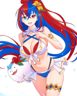 1girls absurdres alear_(female)_(seaside_dragon)_(fire_emblem) alear_(fire_emblem) alear_(fire_emblem)_(female) alternate_costume alternate_hairstyle bikini blue_hair blue_swimsuit breasts cleavage criss-cross_halter crossed_bangs female female_only fire_emblem fire_emblem_engage fire_emblem_heroes halterneck highres large_breasts long_hair multicolored_bikini multicolored_clothes multicolored_hair multicolored_swimsuit navel nintendo official_alternate_costume official_alternate_hairstyle ponytail red_hair red_swimsuit smile sommie_(fire_emblem) split-color_hair swimsuit truejekart two-tone_hair white_bikini white_swimsuit