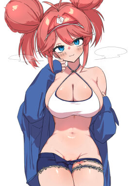 :3 antenna_hair azur_lane blue_eyes blue_jacket blue_shorts blush breasts cleavage criss-cross_halter crop_top denim denim_shorts double_bun female fumei_(pagamya) gallant_(azur_lane) gallant_(express-ive_delivery)_(azur_lane) groin hair_bun halterneck highres huge_breasts huge_hair_bun jacket looking_at_viewer navel official_alternate_costume pink_hair pussy pussy_peek short_shorts shorts simple_background solo stomach swept_bangs torn_clothes torn_shorts visor_cap white_background