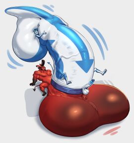 anthro ass balls big_balls bodily_fluids cum cum_in_ass cum_inside demon domestic_cat duo felid feline felis genital_fluids genitals hi_res huge_balls hyper hyper_balls hyper_genitalia hyper_vein inflation living_condom lotolotl male male/male male_only mammal multicolored_body musclegut muscular muscular_male penis red_body small_penis vector_(dachemicalcat) what