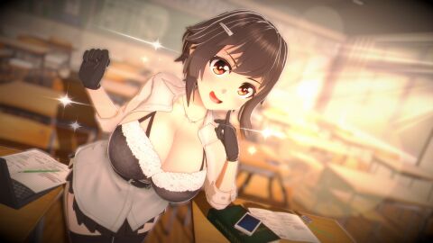1girls 3d anna_anon big_breasts black breasts brown_hair classroom_setting female female_only gloves looking_at_viewer myra_(anna_anon) schoolgirl skirt solo