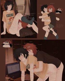 2boys black_hair blushing gay gay_sex ginger glasses male oral penis precum randal_ivory randals_friends ranfren satoru_tsukada scars scars_all_over skinny sucking_penis text toony vodknweeds why_the_long_face