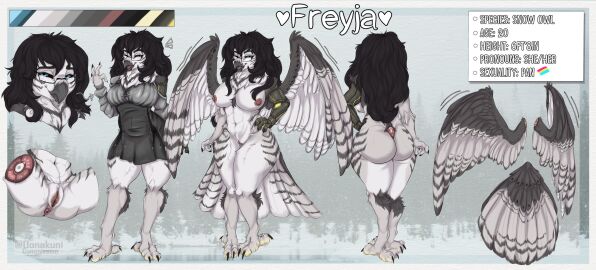 4_fingers absurd_res anthro avian back_wings beak bird eyewear female fingers freyja_(jesolitheavali) glasses hi_res horned_owl model_sheet nude oonakuni owl prosthetic prosthetic_arm prosthetic_limb snowy_owl solo true_owl wings