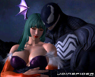 3d breasts capcom clothed crossover darkstalkers demon demon_wings eastern_and_western_character eddie_brock female green_hair holding large_breasts marvel marvel_comics marvel_vs._capcom morrigan_aensland spider-man_(series) succubus venom_(marvel)