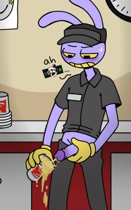 1boy 2d at_work blush bunny_ears button_down_shirt cabinet censored_text clock color commission commissions_open cup_in_hand glitch_productions holding_cock holding_cup holding_penis jax_(the_amazing_digital_circus) job justsomedude logo long_ears looking_down male male_only name_tag open_pants overflow peeing penis penis_out piss_in_cup regret shirt_collar shirt_lift skinny_male solo sweat sweatdrop text the_amazing_digital_circus urinating urinating_male urine urine_splatter urine_stream work_uniform workplace yellow_eyes yellow_gloves yellow_teeth