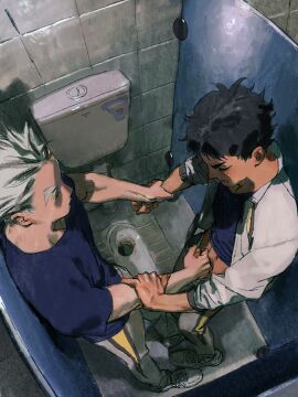 2boys akaashi_keiji black_hair blue_shirt bokuto_koutarou brown_eyes chengongzi123 clenched_teeth closed_eyes closed_mouth collared_jacket commentary full_body grey_hair grey_jacket grey_pants haikyuu!! hand_grab handjob hands_up high-angle_view highres indoors jacket looking_at_another male male_focus male_only multicolored_hair multiple_boys multiple_males pants restroom shirt shoes short_hair sneakers squat_toilet standing streaked_hair symbol-only_commentary t-shirt teeth toilet_stall twink yaoi young