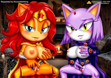 2girls anthro anus ass bbmbbf big_breasts blaze_the_cat blush breasts cosplay dc dc_comics female female_only gold_level grabbing_own_breast looking_at_viewer mobian_(species) mobius_unleashed nipples open_mouth palcomix pietros_secret_club pussy raven_(cosplay) sally_acorn sega sonic_(series) sonic_the_hedgehog_(series) spread_pussy spreading tongue wonder_woman_(cosplay)