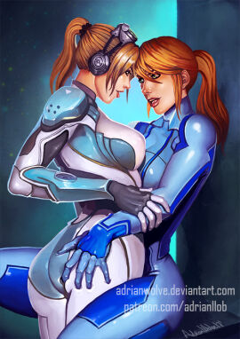 2_bodysuits 2d 2girls adrianwolve ass blonde blonde-haired_female blonde_female blonde_hair blue_background bodysuit clothed clothed_female female female/female ghost_(starcraft) green-eyed_female green_eyes hand_on_another's_ass hand_on_ass headgear jpeg light-skinned_female light_skin looking_at_each_other metroid nova_(starcraft) open_mouth samus_aran spread_legs standing standing_female starcraft tagme yuri