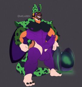 2021 3_toes abs absurd_res anthro balls barefoot black_nails brown_face canid canine cell_(dragon_ball) clenched_teeth colored_nails dragon_ball erection feet foreskin full-length_portrait genitals green_arms green_tail grey_background grin hi_res humanoid_genitalia humanoid_penis male male_focus male_only mammal melaisen mottled mottled_body muscular muscular_anthro muscular_male nails pecs penis perfect_cell portrait purple_balls purple_body purple_penis saggy_balls simple_background smile solo solo_male standing tail teeth toes uncircumcised vein veiny_penis