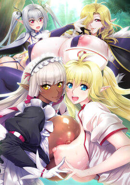 4girls ahoge aoi_nagisa_(metalder) blonde_hair blue_eyes blush breast_press breasts collarbone curvy dark-skinned_female dark_elf dark_skin elf evelyn_celebrian female female_focus gloves hair_intakes hair_ornament hair_ribbon halftone halftone_background hat heart heart_hands heart_hands_duo highleg highleg_leotard highleg_panties highres huge_breasts leotard long_hair looking_at_breasts looking_at_viewer lucie_menelumia maid maid_headdress misery_stentrem mommy multiple_females multiple_girls navel nipples nurse nurse_cap official_art open_mouth panties phyllis_hagerhelm pointy_ears puffy_nipples red_eyes ribbon shiny_skin sidelocks silver_hair smile sweat symmetrical_docking thighs thong thong_leotard tress_ribbon twintails underwear very_long_hair yellow_eyes youkoso!_sukebe_elf_no_mori_e