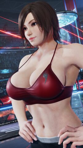 1girls asian asian_female big_breasts breasts brown_eyes brown_hair cleavage female female_only fit fit_female fully_clothed gym_pants huge_breasts japanese_female kazama_asuka posing solo sports_bra tekken tekken_8 thick_thighs tomboy