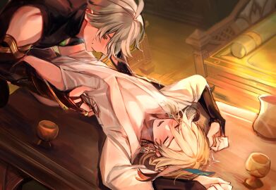 2boys alhaitham_(genshin_impact) blonde_hair blush blush_lines bottomless drunk femboy gay genshin_impact grey_hair heavy_breathing holding_waist kaveh_(genshin_impact) lying_on_back lying_on_table male male/male male_only muscular muscular_male no_visible_genitalia table thin_waist twink waist_grab yaoi