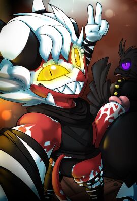 2024 5_fingers air_creature anthro arm_scar arm_wraps armband ass asymmetrical_clothes avian beak bent_over big_ass big_butt big_penis biped bird black_body black_clothing black_feathers black_legband black_legwear black_markings black_shirt black_thigh_highs black_topwear black_wraps body_scars bottomwear camera_view chest_tattoo claws clothed clothing colored corvid corvus_(genus) crop_top crow damien_(ner0_kobold) digital_drawing_(artwork) digital_media_(artwork) duo elemental_creature erection eye_scar eyebrows facial_scar feather_hair feathered_arms feathered_tail feathers fingers flare_(ner0_kobold) genetalia genitals gesture ghost glans glowing glowing_eyes gold_(metal) golden_accessories hair hand_gesture handwear helluva_boss hi_res hooves horn hot_dogging huge_cock humanoid_genetalia humanoid_genitalia humanoid_penis imp jewelry leg_scar leg_wrap legband leggings legwear living_smoke long_tail looking_at_viewer looking_back male male/male markings multicolored_body natural_eyeshadow ner0_kobold occult_symbol on_box orange_eyes orange_sclera oscine passerine pecs penis pose pseudo_hair pupils purple_eyes purple_markings purple_sclera rear_view red_body red_skin scar selfie sex shaded sharp_teeth shirt short_anthro short_male sigil simple_background slit_pupils smile smoke solo spirit standing standing_on_box striped_horn stripes studded_armband studded_clothing studded_leather studded_legband studs symbol tail tail_feathers tattoo teeth thigh_highs tongue tongue_out topwear tuft two-tone_body v_sign watermark white_body white_hair white_markings white_skin wraps