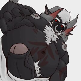 1:1 absurd_res anthro black_body black_fur bodily_fluids bovid bovine clothing demonrat facial_piercing foreskin fur genitals hair hi_res horn male mammal nipple_piercing nipples nose_piercing ornament pec_pov_meme penile penis piercing sex slightly_chubby solo stangel_(demonrat) tattoo uncircumcised