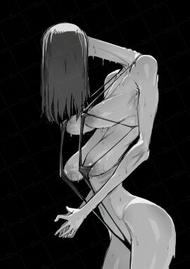 1girls 4_breasts areola_slip areolae big_breasts breasts creepy female hair_covering_eye hair_covering_face large_breasts long_breasts long_hair long_neck monster_girl multi_breast original original_character sasizume_s sling_bikini slingshot_swimsuit tall_female what