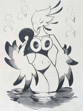 200 anthro avian bathing beak bird black_and_white bubble closed_eyes clothing female hi_res legwear monochrome parrot perrok shaded simple_background solo standing thigh_highs unknown_artist water white_background