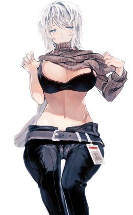 1girls black_bra blue_eyes bra breasts egopasta faust_(limbus_company) female large_breasts limbus_company medium_hair partially_clothed partially_clothed_female project_moon sweater sweater_lift sweater_pull white_hair