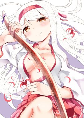 10s 1girls blush bow_(weapon) breasts cleavage female female_focus female_only flower japanese_clothes kantai_collection looking_at_viewer open_clothes shiyoo shiyou shoukaku_(kantai_collection) smile solo solo_female weapon yellow_eyes