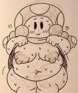 1girls blush blush_lines breasts breasts_out chubby chubby_belly chubby_female cute fat female female_only heart hearts_around_head in_love lifting lifting_clothing lifting_shirt mario_(series) mob_face mushroom_girl mushroom_humanoid nervous nervous_smile nintendo nipples no_color shortstack showing_breasts showing_off sketch smile swallowsludge sweat sweaty_body thick thick_thighs thighs toadette twintails