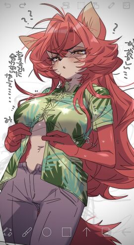 4_fingers :o ? anthro art_program_in_frame bangs bangs_pinned_back big_breasts black_nose blush blush_lines blushing breasts button_down_shirt button_nose eyebrows eyes_visible_through_hair female fluffy_tail fox fox_ears fox_girl fox_humanoid fox_tail furrowed_eyebrows furry grey_pants hair hair_between_eyes hair_intakes hair_over_shoulder hawaiian_shirt japanese_text long_hair messy_hair messy_tail narrow_waist open_mouth orange_eyes original original_character pants print_shirt red_fur red_hair saijakuonuru short_sleeves sidelocks slacks snout squint squinted_eyes squinting sweat sweatdrop sweating tail tan_fur tan_inner_ear text thick_thighs tropical_shirt two-tone_fur unbuttoned underboob wide_hips