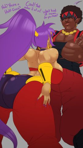 1boy 1girls ass comic comic_page dark-skinned_male dark_skin fakeryway female genie light-skinned_female light_skin looking_down male oc page_1 pleasure_castle shantae shantae_(character) size_difference smirk tagme
