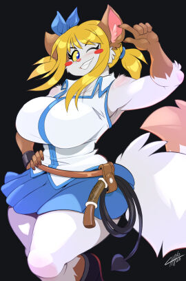 1girls 2025 5_fingers anthro big_breasts black_background blonde_hair blue_eyes blush bottomwear breasts brown_body brown_fur brown_tail chalo clothed clothing cosplay crossover_cosplay domestic_cat fairy_tail felid feline felis female female_only fingers fur hair hi_res huge_breasts las_lindas looking_at_viewer lucy_heartfilia_(cosplay) mammal multicolored_body multicolored_fur one_eye_closed sarah_silkie signature simple_background skirt smiling smiling_at_viewer solo standing tail teeth thick_thighs two_tone_body two_tone_fur two_tone_tail whip white_body white_fur white_tail wide_hips wink winking_at_viewer yellow_sclera