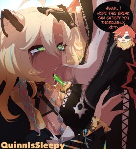 1futa 1girls artist_name blonde_hair blowjob bodily_fluids cock cock_in_mouth dark-skinned_female dark_skin english_text fellatio female fluffy_ears futa_on_female futa_with_female futanari genshin_impact glk gloves green_eyes green_tongue hand_on_head intersex light-skinned_female light_skin lipstick_on_penis makeup_running mavuika_(genshin_impact) ocelot_ears ocelot_girl onomatopoeia penis penis_in_mouth quinnissleepy red_hair ruined_makeup running_makeup slurp slurping text tongue tongue_out xilonen_(genshin_impact) zipper zipper_pull_tab