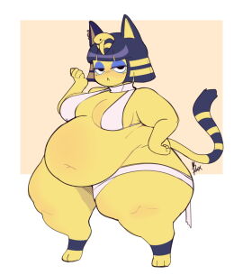 1girls :< animal_crossing ankha anthro bbw belly_overhang big_belly big_thighs blush breasts cat_girl catgirl chubby chubby_female eyeshadow female hand_on_hip huge_thighs lard_ass looking_at_viewer obese obese_female overweight overweight_female pink_poison67 purple_hair revealing_clothes short_hair shortstack simple_background solo_female staring_at_viewer tail thick_thighs unamused yellow_fur