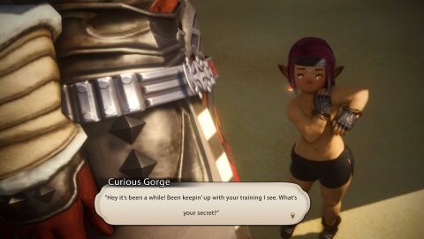 3d armor curious_gorge dunesfolk earrings falkner_falaise final_fantasy_xiv freckles gloves golden_eyes headband lalafell male otis_jenkins_(artist) purple_hair topless twink