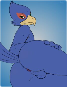 anthro anus ass avian backsack balls ballsack beak blue_body butt_pose falco_lombardi genitals green_eyes hand_on_hip hi_res looking_at_viewer looking_back lying male nintendo on_side pose simple_background smile snek77 solo star_fox tail