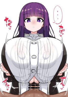 ... 1boy 1girls bar_censor black_jacket blunt_bangs breasts censored clothed_male_nude_male comic covered_erect_nipples dark-skinned_male dark_skin female fern_(sousou_no_frieren) highres huge_breasts interracial jacket light-skinned_female light_skin long_hair male nude paizuri paizuri_under_clothes penis pov purple_eyes purple_hair shirt simple_background sintaro_okabe sousou_no_frieren speech_bubble straight white_background white_shirt