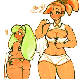2girls areola_slip areolae ass big_ass big_butt big_thighs bikini blush breasts breasts_squeezed_together cookie_run cookie_run_ovenbreak female flashing flashing_breasts lattel0ver_(artist) lime_cookie looking_at_breasts oiled orange_cookie pierced_nipples piercings shocked sweaty tennis_uniform thick_thighs xxxjuiced zipper