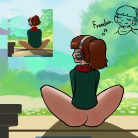 1girls ass bottomless brown_hair calm casual closed_eyes clothing female green_sweater headphones human lo-fi_beats_to_relax/study_to lofi_girl nature nature_background pale_skin peaceful ponytail solo_female tiimooner