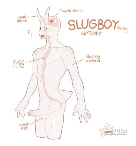 5_fingers anthro balls biped brain english_text erection fingers foreskin gastropod gay gay_male genitals glans hi_res humanoid_genitalia humanoid_penis humiliation_fetish male mollusk organs original original_character penis plna question_mark simple_background slug slugboy_(plna) solo tail text uncircumcised white_background yaoi