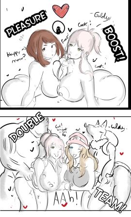 2girls anal blonde_hair blue_eyes breasts comic completely_nude crossover english_text female generation_1_pokemon generation_4_pokemon hearts_around_body holding_hands lucario machoke male male_lucario male_pokemon/female_human my_hero_academia nipples nude ochako_uraraka original_character paizuri pink_hair pokemon pokemon_(species) pokephilia serena_(pokemon) sex smiling smiling_at_viewer standing tongue tongue_out white_background zoophilia