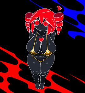 1girls 2d 2d_(artwork) ahoge barefoot belly big_breasts big_thighs bikini black_background black_skin breasts breasts_bigger_than_head breasts_focus cleavage cleavage_overflow curvaceous curvy curvy_female curvy_figure fat_breasts fat_thighs feet female female_only gigantic_breasts gold_bikini golden_bikini golden_week high-angle_view huge_breasts huge_thighs kasane_teto large_breasts large_thighs looking_up masarada massive_breasts micro_bikini mv_character navel negitoro_(ntlrjqsolnlijmr) ntlrjqsolnlijmr overflowing_breasts plump plump_breasts plump_thighs red_eyes red_hair shiny_skin simple_background skindentation solo solo_female thick_thighs thighs top_heavy twin_drills utau venus_body voluptuous voluptuous_female wide_hips