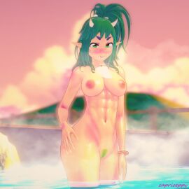 3am 3d abs big_breasts breasts cavewoman female female_abs green_hair hot_spring indie_virtual_youtuber meat_(vtuber) muscular muscular_female pubic_hair pussy uncensored virtual_youtuber vtuber