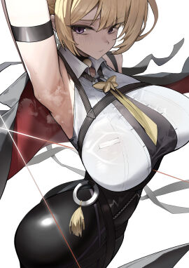 absurdres arched_back arm_strap arm_up armpits ass big_ass big_breasts blonde_hair breasts closed_mouth collared_shirt cowboy_shot evelyn_chevalier eyelashes female grey_jacket highres impossible_clothes jacket jacket_on_shoulders large_breasts looking_at_viewer medium_breasts mole mole_under_eye mutsuru_(omotta_yori) necktie presenting_armpit purple_eyes shirt simple_background sleeveless solo steaming_body sweat tassel white_background zenless_zone_zero